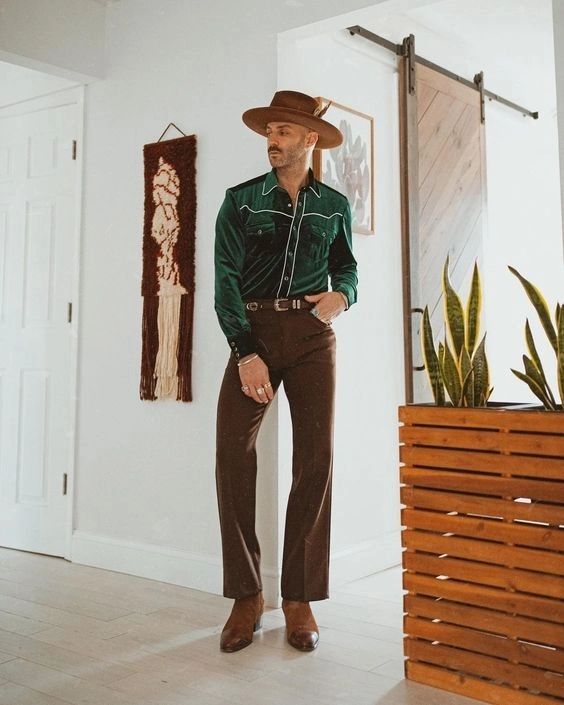 Green Velvet Shirt with Brown Trousers and cowboy boots